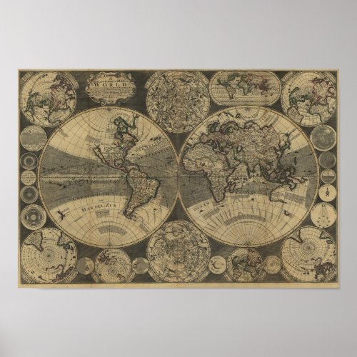 Vintage Antique 1702 World Map by George Willdey Poster