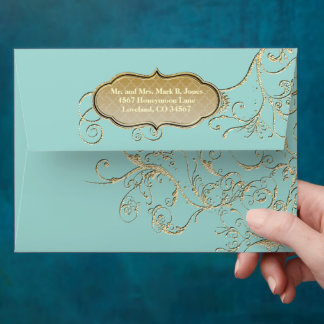 Vintage Antique Aqua Blue Gold Swirl Wedding Envelope