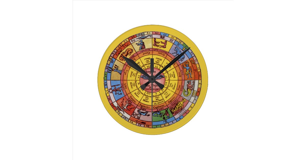 Vintage Antique Astrology, Celestial Zodiac Wheel Round Clock Zazzle