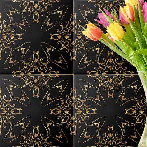 Vintage Antique Baroque Gold And Black Pattern  Ceramic Tile