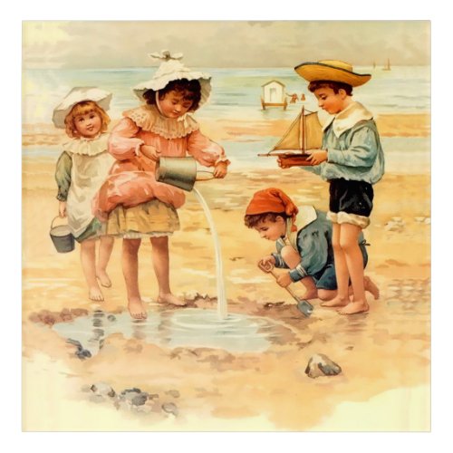 Vintage Antique Beach Boy Girl Children Fine Art