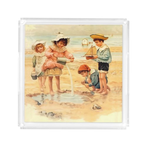 Vintage Antique Beach Boy Girl Children Fine Art Acrylic Tray