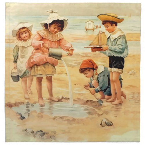 Vintage Antique Beach Boy Girl Children Fine Art Cloth Napkin