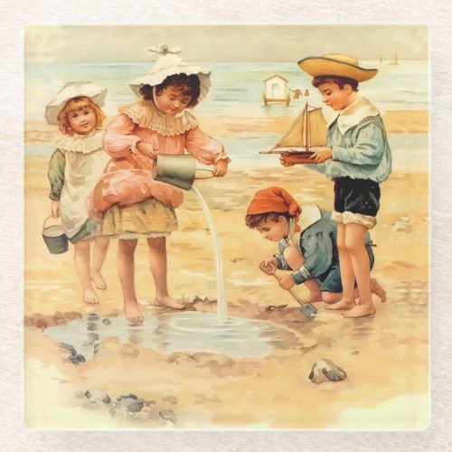 Vintage Antique Beach Boy Girl Children Fine Art Glass Coaster