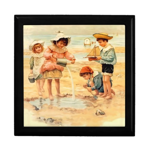 Vintage Antique Beach Boy Girl Children Fine Art Jewelry Box