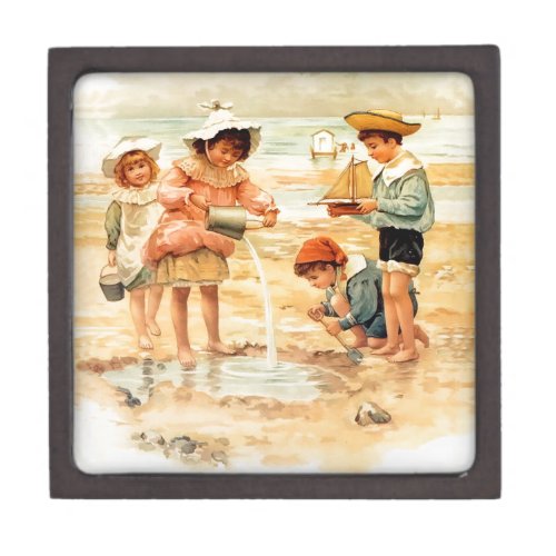 Vintage Antique Beach Boy Girl Children Fine Art Jewelry Box
