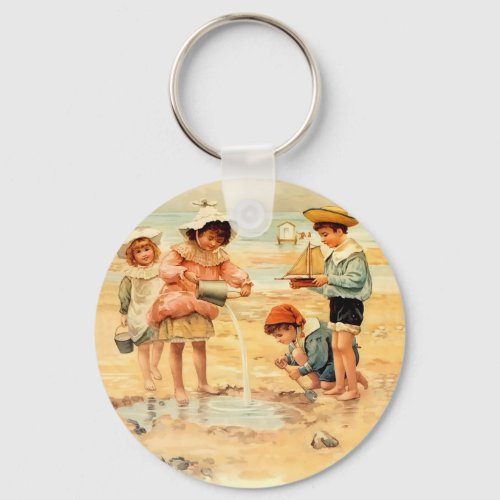 Vintage Antique Beach Boy Girl Children Fine Art Keychain