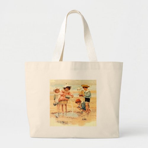 Vintage Antique Beach Boy Girl Children Fine Art Large Tote Bag