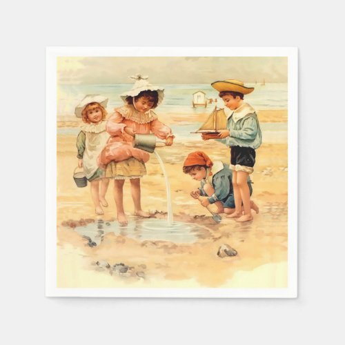 Vintage Antique Beach Boy Girl Children Fine Art Napkins
