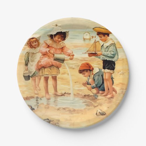 Vintage Antique Beach Boy Girl Children Fine Art Paper Plates