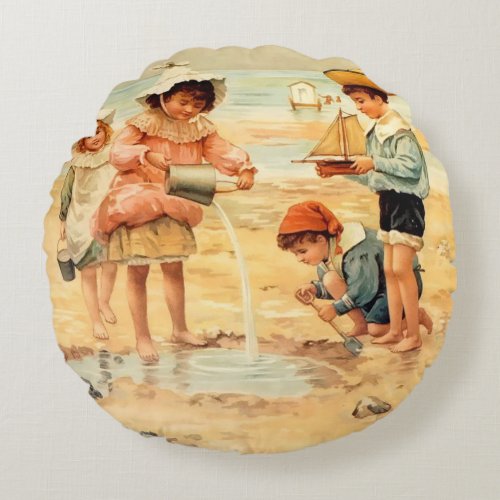 Vintage Antique Beach Boy Girl Children Fine Art Round Pillow