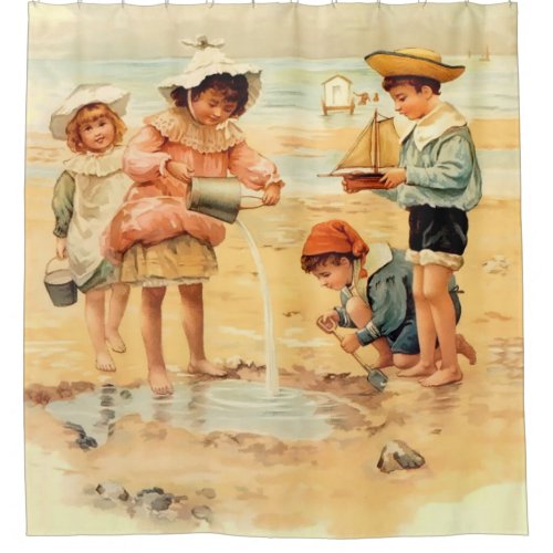 Vintage Antique Beach Boy Girl Children Fine Art Shower Curtain