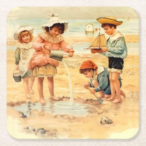 Vintage Antique Beach Boy Girl Children Fine Art Square Paper Coaster