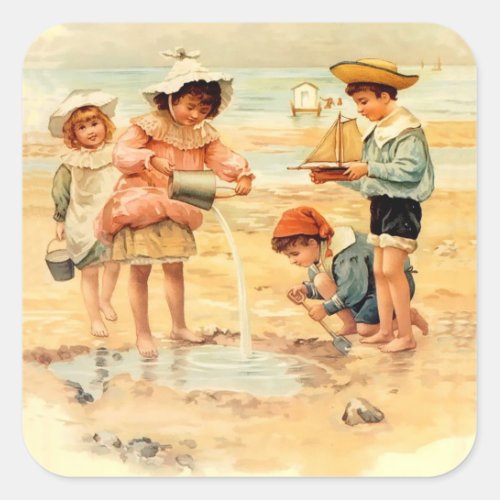Vintage Antique Beach Boy Girl Children Fine Art Square Sticker