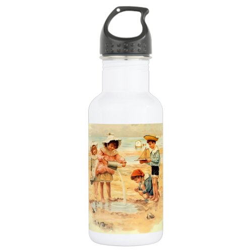 Vintage Antique Beach Boy Girl Children Fine Art Stainless Steel Water Bottle