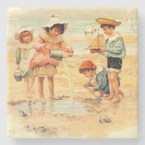 Vintage Antique Beach Boy Girl Children Fine Art Stone Coaster