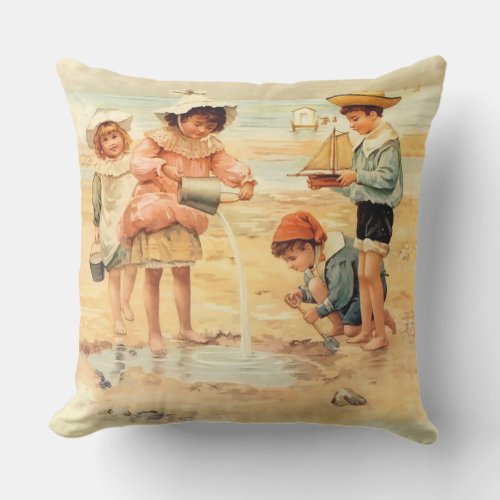 Vintage Antique Beach Boy Girl Children Fine Art Throw Pillow