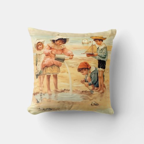 Vintage Antique Beach Boy Girl Children Fine Art Throw Pillow
