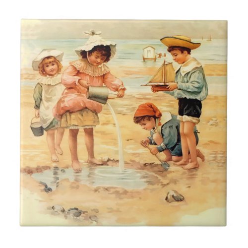 Vintage Antique Beach Boy Girl Children Fine Art Tile
