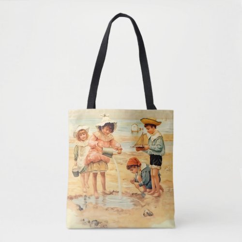 Vintage Antique Beach Boy Girl Children Fine Art Tote Bag