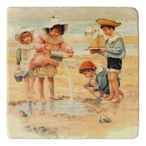 Vintage Antique Beach Boy Girl Children Fine Art Trivet