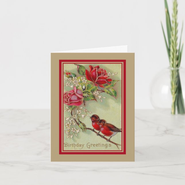 Vintage antique birthday greetings, robins, roses card (Front)
