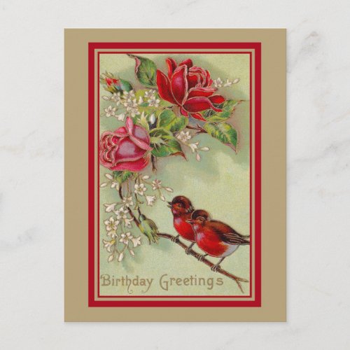 Vintage antique birthday greetings robins roses postcard