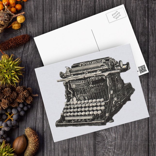 Vintage Antique Black Old Fashioned Typewriter Postcard (Vintage manual black and white typewriter illustrations on light grey postcard.)