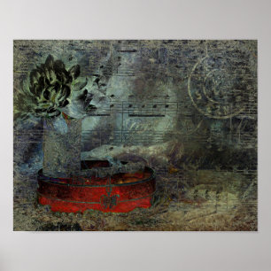 Vintage Antique Black Red Old Script Sheet Music Poster