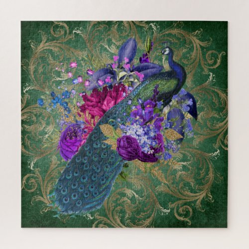 Vintage Antique Blue and Teal Peacock Green Gold Jigsaw Puzzle