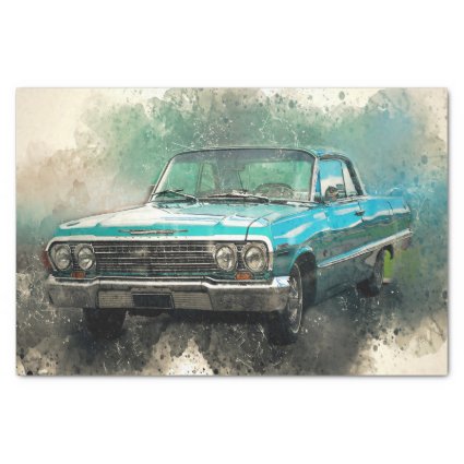 Vintage Antique Blue Car Decoupage 