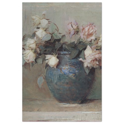 Vintage Antique Blush White Rose Bouquet Blue Vase Tissue Paper
