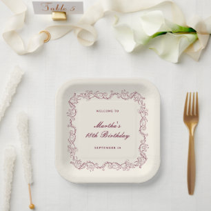 Vintage Antique Burgundy Floral Welcome Birthday Paper Plates