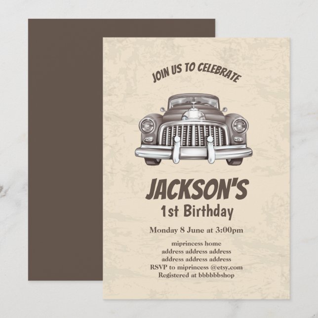 vintage,  antique car birthday invitation (Front/Back)