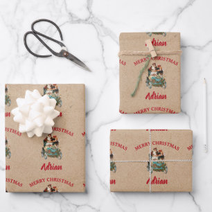 Vintage Antique Christmas Santa Custom Name Kraft Wrapping Paper Sheets