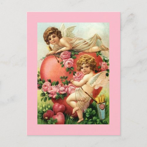 Vintage Antique cupids Valentines Day Heart Roses Postcard