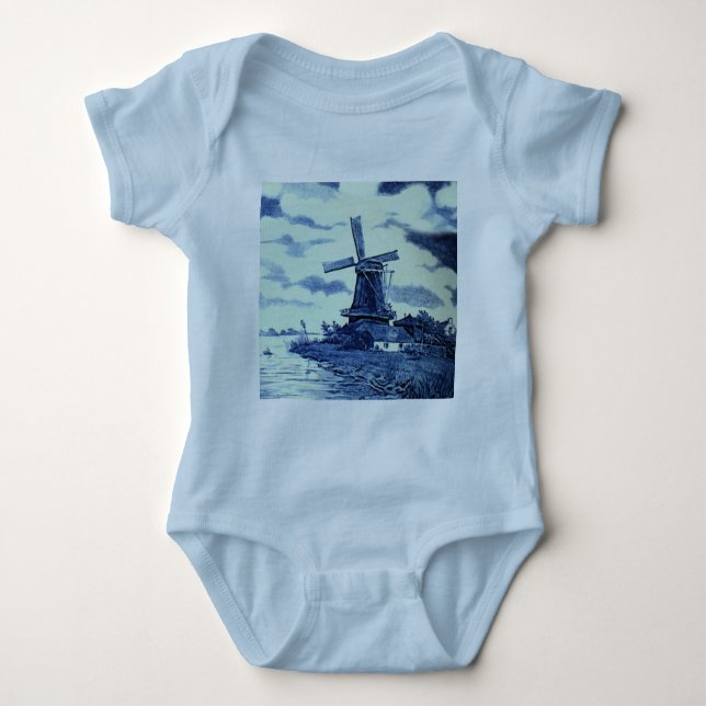 Vintage Antique Delft Blue Tile - Windmill Baby Bodysuit (Front)