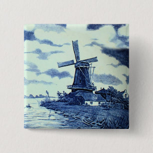 Vintage Antique Delft Blue Tile - Windmill Pinback Button