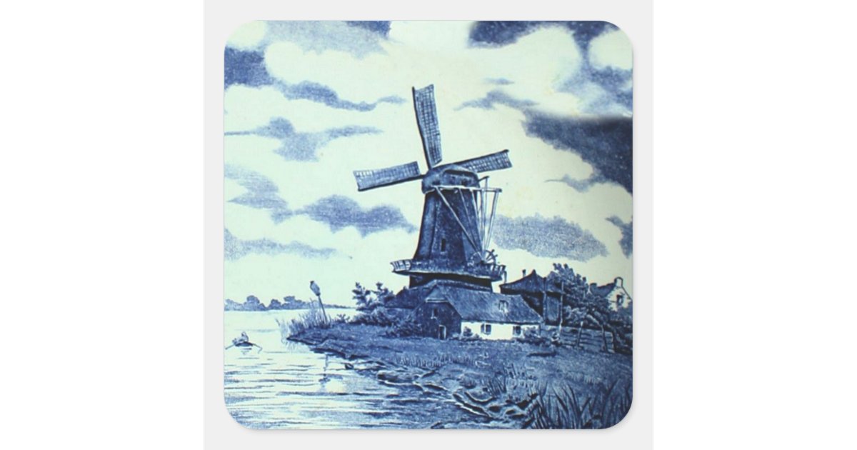 Vintage Antique Delft Blue Tile - Windmill Square Sticker | Zazzle
