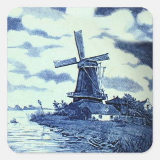 Vintage Antique Delft Blue Tile - Windmill Square Sticker