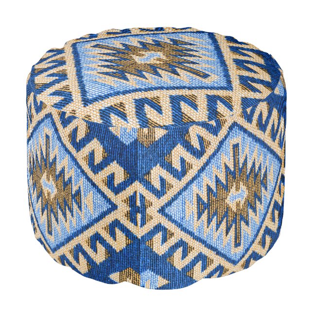 Vintage Antique French Blue Turkish Kilim Rug Pouf (Angled Front)