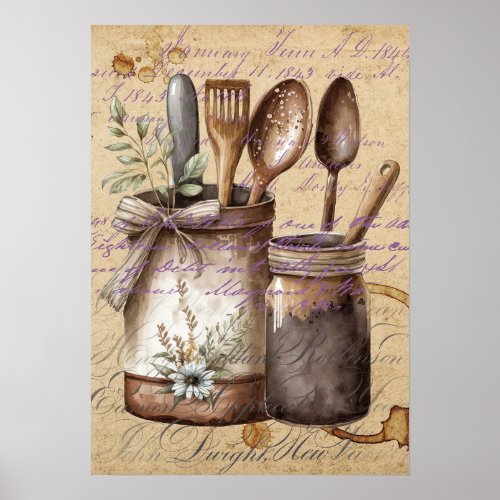 Vintage Antique Kitchen Utensils Decoupage Poster