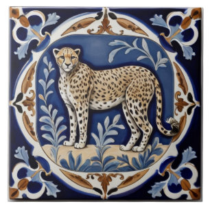 Vintage Antique Leopard Cheetah Navy Blue Ceramic Tile