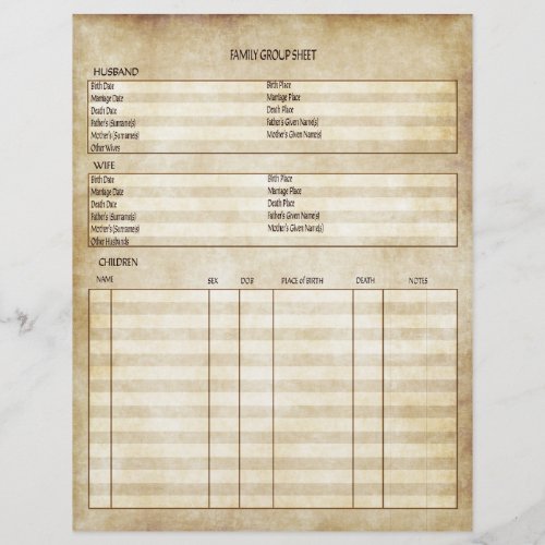 Vintage Antique Look Genealogy Family Group Sheet