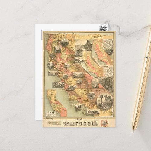 Vintage Antique Map Of California Retro  Postcard