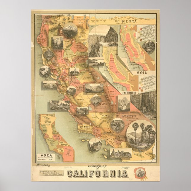 Vintage, Antique Map Of California, Retro Poster (Front)