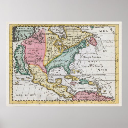 Vintage Antique Map Of North America Retro Poster