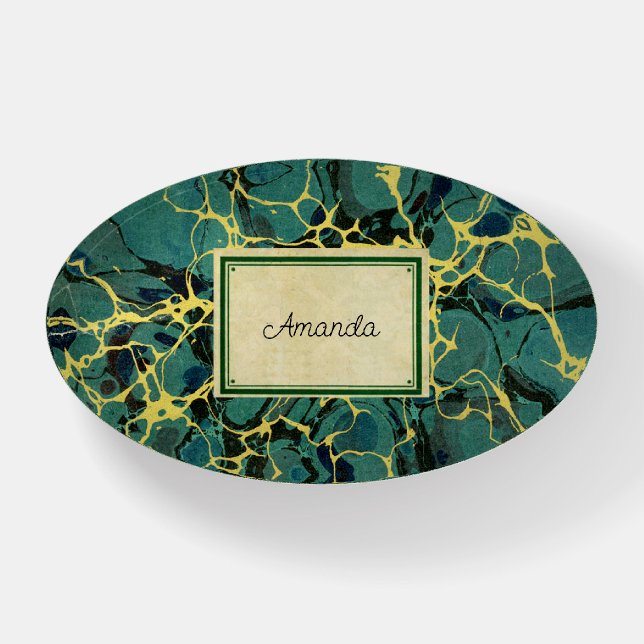 Vintage Antique Marbled Paper and Name Label Paperweight (Front)