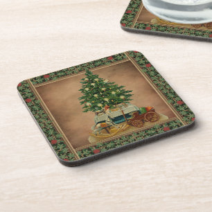 Vintage Antique Merry Christmas Tree Gifts Green Beverage Coaster