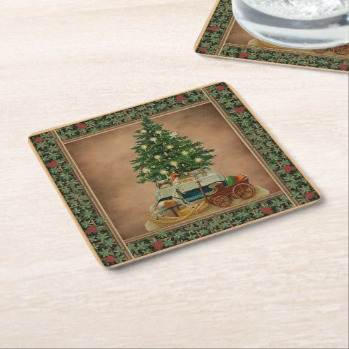 Vintage Antique Merry Christmas Tree Gifts Green   Square Paper Coaster